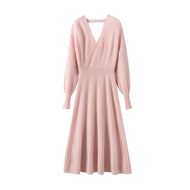 Women's Cashmere V-Neck Ribbed Waist Long Dress - Autumn/Winter Collection