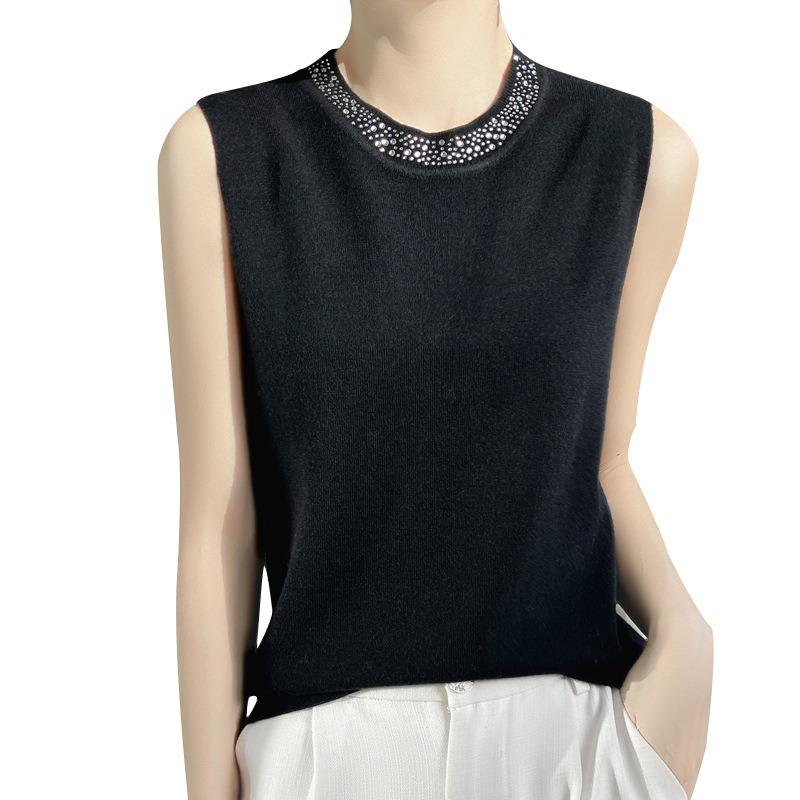 Vlněná směs Jarní dámská vesta s kulatým výstřihem, vrtáním, bez rukávů, pletená vesta s krátkým spodním dílem