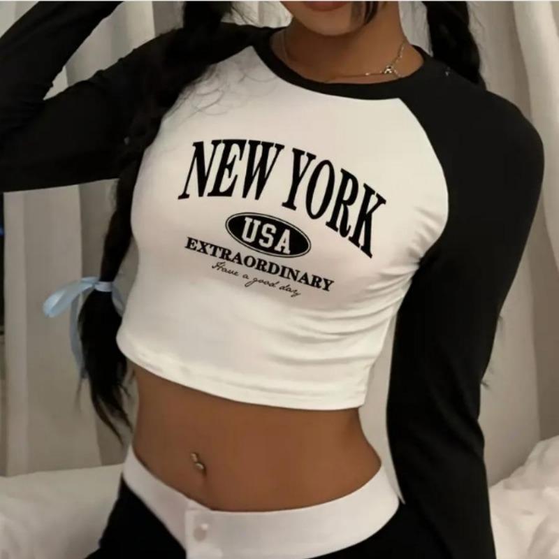 Women s Hot Girl Pure Desire Slim Top Raglan Long Sleeve Sexy Short Print S
