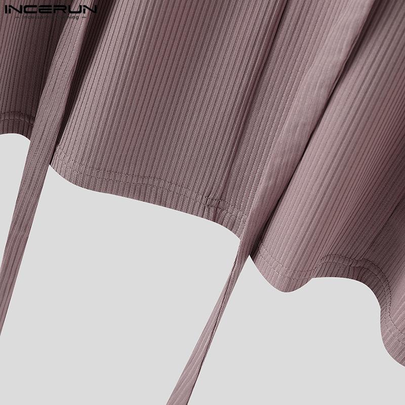 INCERUN Men Lapel Neck Long Sleeve Button Rib Texture Casual Tops T-shirts