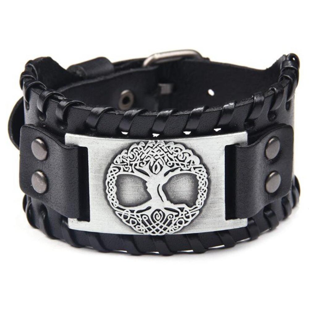 Life Tree Alloy Wide Leather Bracelet Mens Leather Jewelry