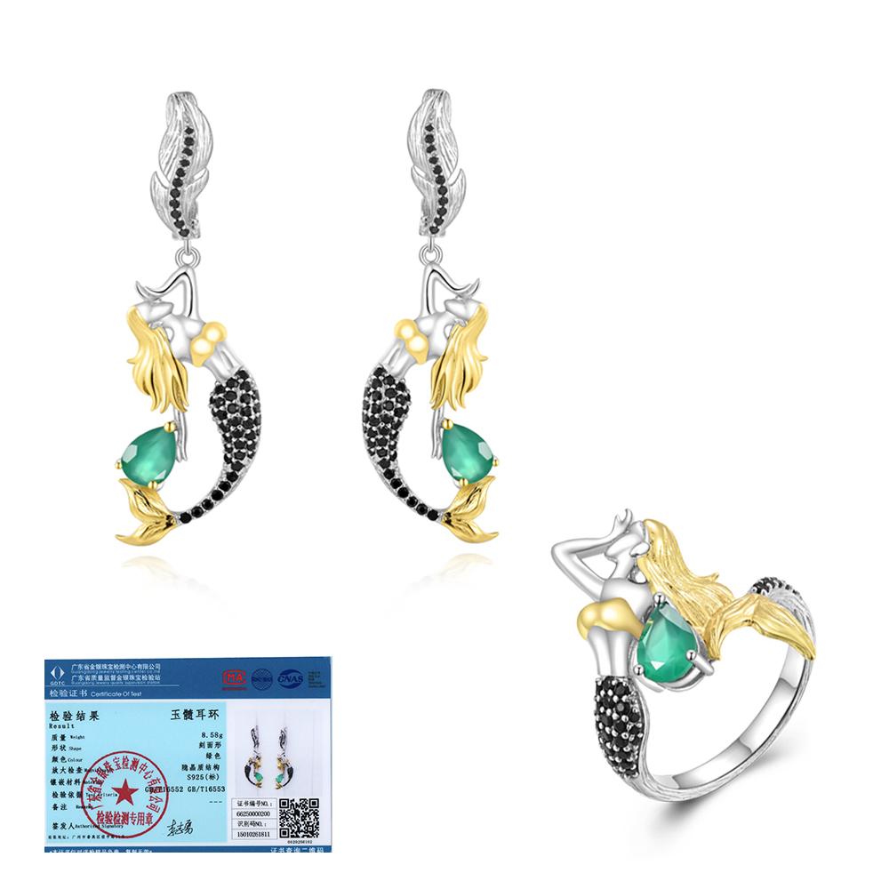 Gorgeous mermaid-shaped design paired with natural green agate gems ring Earrings Set 925 silver fine jewelry for women and girl
