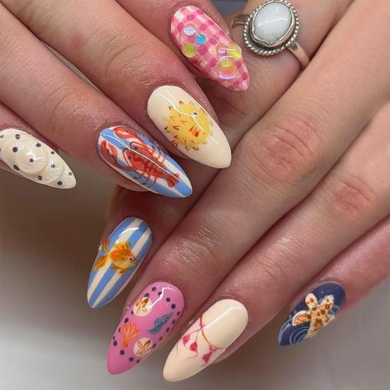 1 Set 3D Press On Nails Easy Removal Almond French Tip Stick-on Fake Nails Full Cover Glue On False Nails Women DIY Manicure Supplies