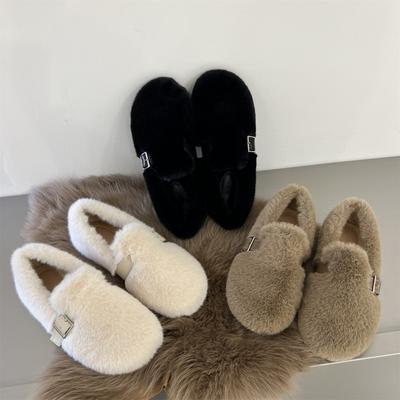 Schuhe aus Lammfell mit runder Zehenpartie Frau 35-40 Übergröße Pelzige Mokassins Warme Winterschuhe Weiblich Lammwolle Slipper Loafer Lockige Pelzballerinas