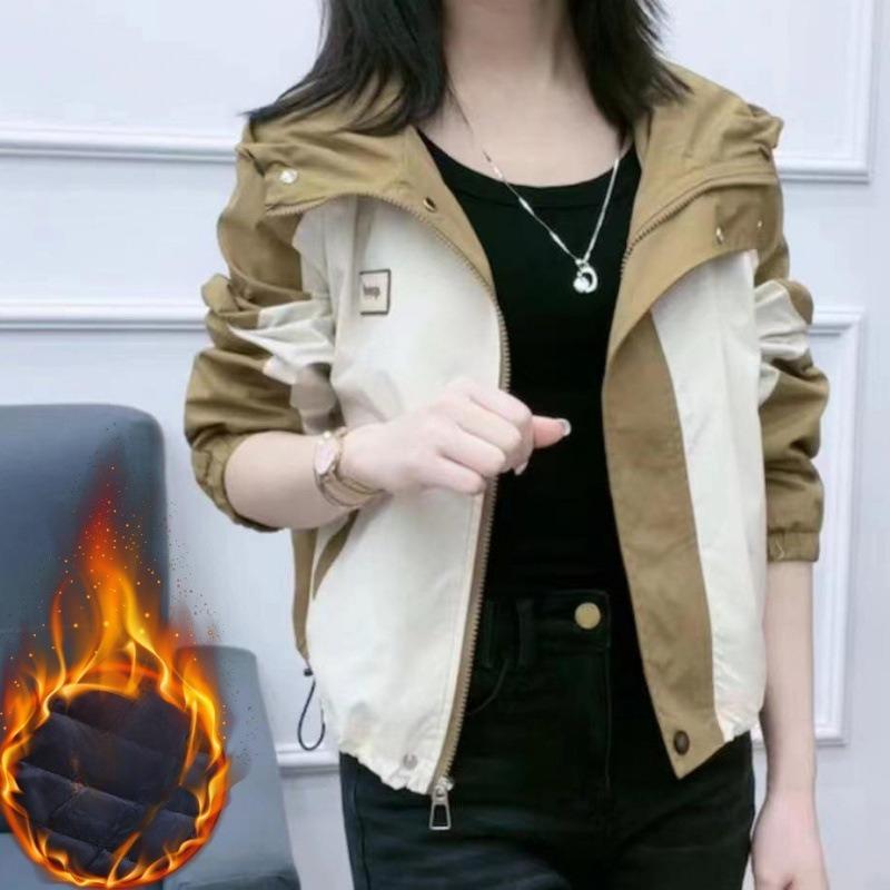 New Autumn and Winter Contrasting Color Jackets for Women, Short Hooded Women's Tops and Jackets