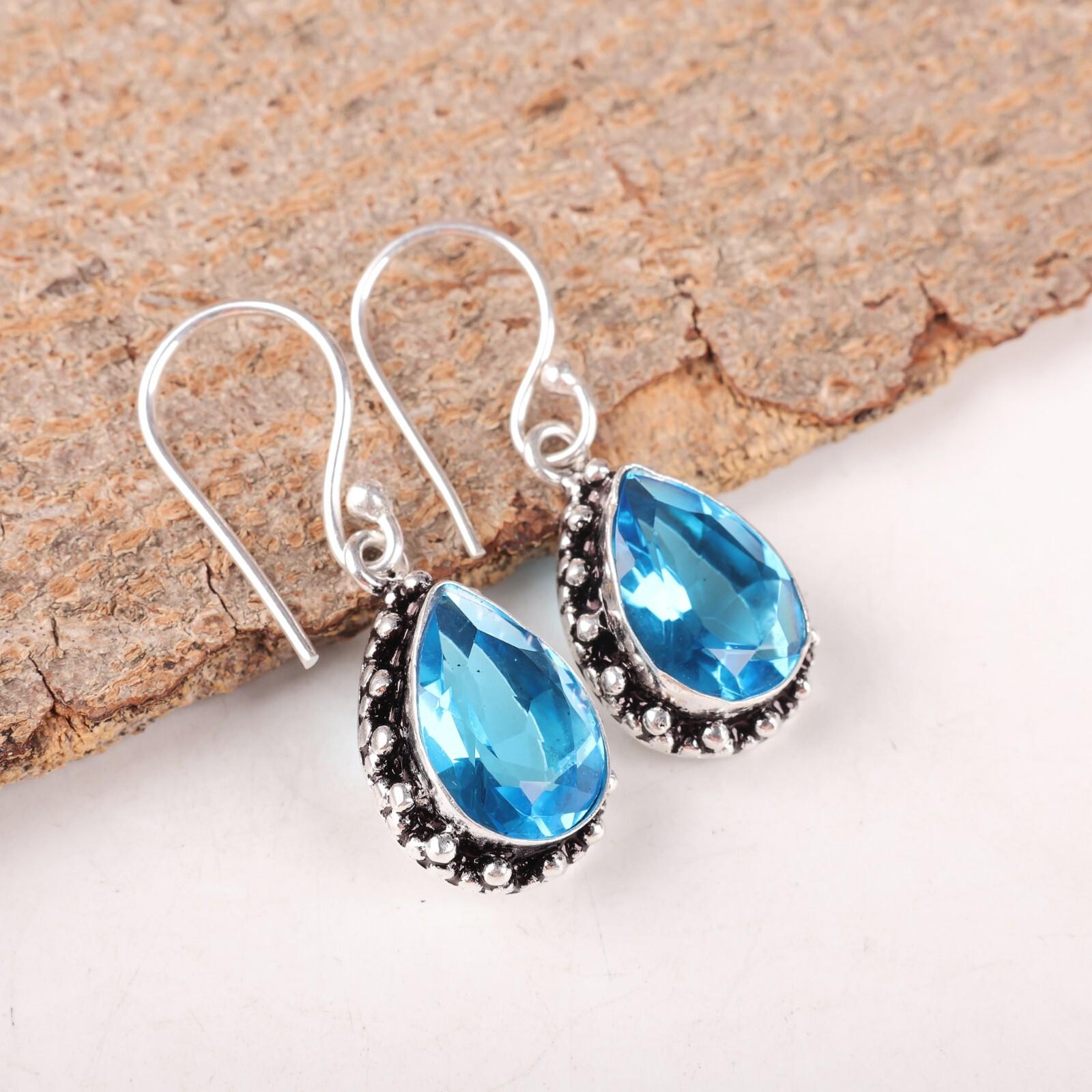 

Swiss Blue Topaz Gemstone 925 Sterling Silver Handmade Earrings Gift For Her EE-97-4