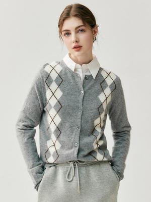 Elegantný dámsky kašmírový kardigán s argyle vzorom - Všestranný okrúhly výstrih na jeseň a zimu