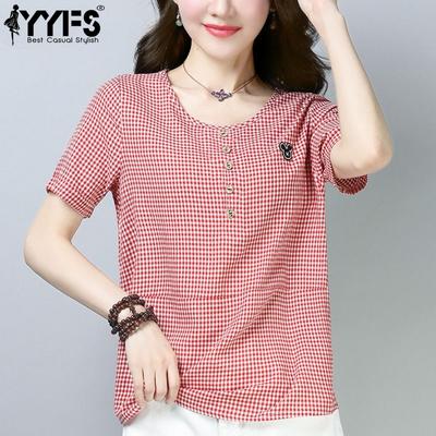 Women's Fashion Casual Summer Spring Plaid Print Short Sleeve O-Neck Blouses & Shirts