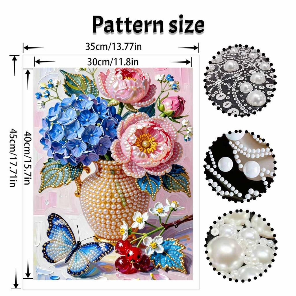 DIY Pearl Painting Canvas Floral Butterfly Design Shiny 3D Bead Art Kit Creative Leisure Craft for Living Room Wall Decor