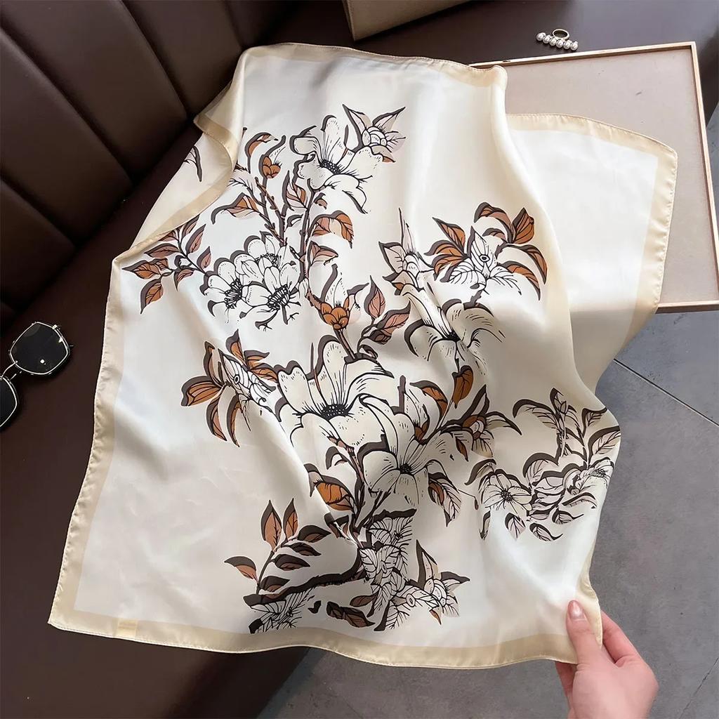 Elegant Floral Scarf Women Imitation Silk Neckerchief Foulard Female Hairbands Echarpe Shawls Wraps Bandanas