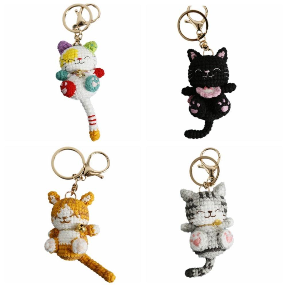 Animal Handwoven Cat Pendant Knitting Doll Cat Key Chain Creative Crochet Kitten Keyrings Backpack
