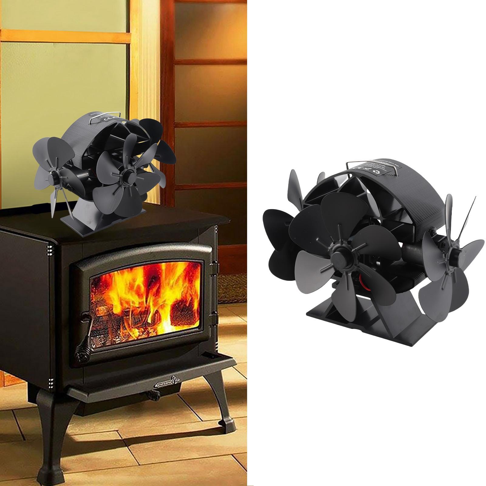 Heat Powered Stove Fan 3 Heads 18 Blade Aluminum 270 Degree Blowing Fireplace Fan with Protective Cover Handle for Home Wood nero