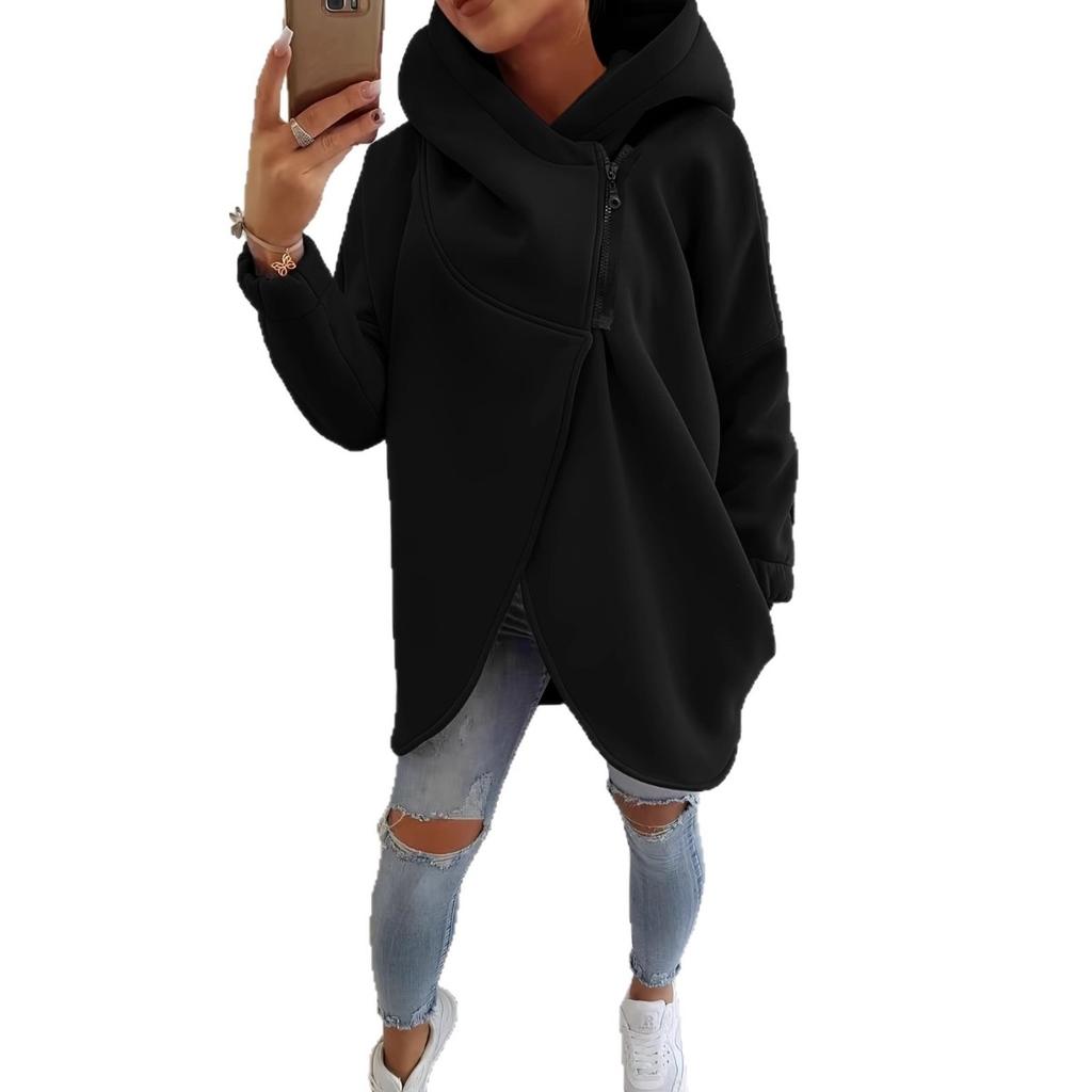 Women's Long Sleeved Casual Black Hooded Jacket Sweatshirt with Front Pocket Zipper Hoodie