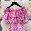Summer French One Line Neck Fragmented Flower Dress Pleated Waist Wrapped High Grade Sweet Dress
