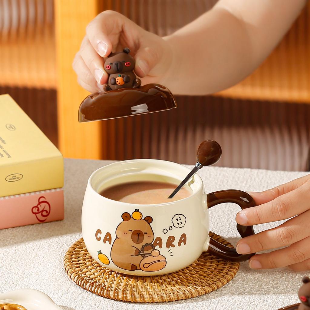 Cartoon Capibala Ceramic Mug with Lid Creative Coffee Milk Tea Water Cup Cute Children Breakfast Cup Household Drinkware