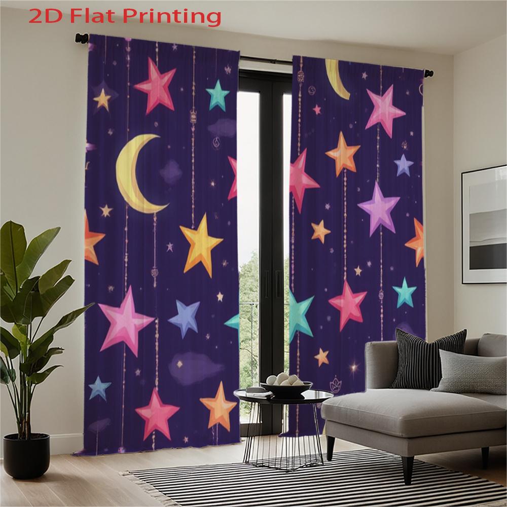 2D Flat   2pcs   2D Flat Printing Curtains   Colorful Stars Moons Night Sky Pattern. Rod Pocket Style with Velvet Fabric for Home