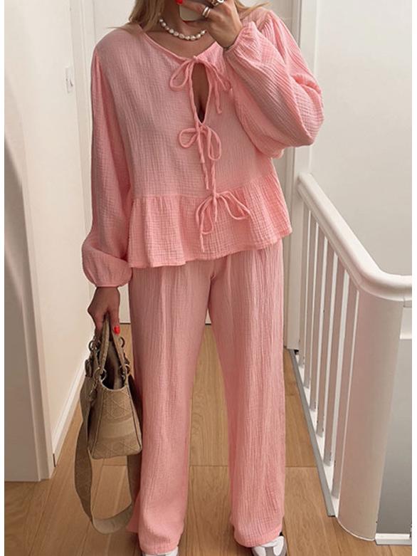 

2024 Spring/Autumn Fashion Casual Lantern Sleeve Tie-Up Top Set, Commuter Style Medium рожевий