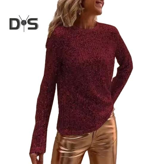 Women Tops Round Neck Long Sleeve Pullover Tops Shiny Sequins Decoration Regular Fit Blouse Daily Wear