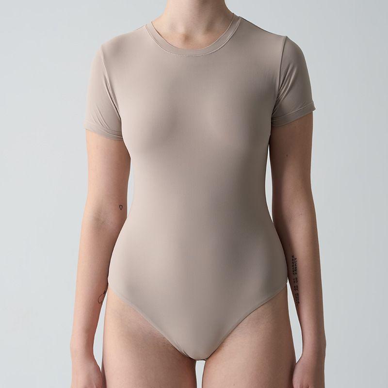 

European and American Outer Wear Shapewear Kardashian Same round Neck High Elastic Slim fit Short sleeve Jumpsuit Shaping One-piece Bark color S