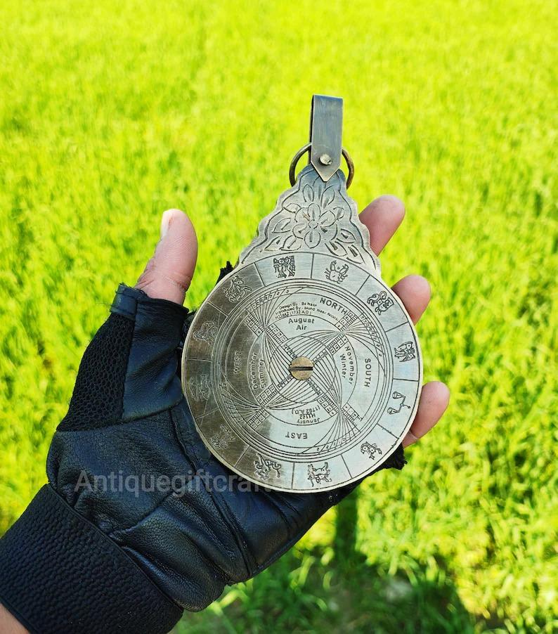 Antique Brass Astrolabe Calendar with Leather Case (8 Inch)
