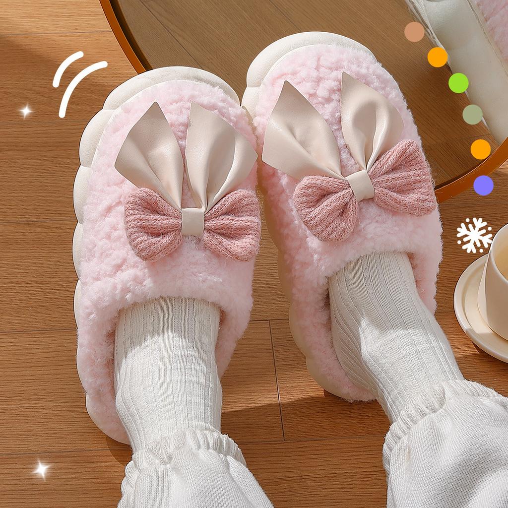 Bow cotton slippers autumn and winter new thick-bottomed indoor home non-slip warm plush slippers