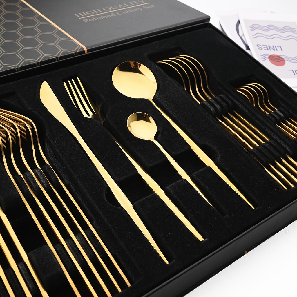 JANKNG Gold 24ks Sada zrcadlového nádobí Sada příborů z nerezové oceli Nůž Vidlička Lžíce Sada příborů Západní luxusní dárková krabička Nádobí