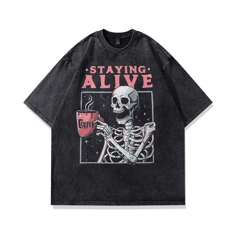 Men'S Top Ins American High Street Retro Skull Print 250G Pure Cotton Crew Neck Sweater For Men And Women