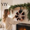 Nordic Style Wall Ornament Christmas Pom Wreath for Front Door, Red Green White Velvet Seasonal Decorative Craft Flocking Hanging Holiday Party,