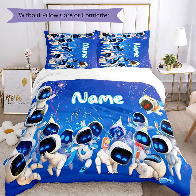 3pcs Custom Name Astro Bot Bedding Set Duvet Cover Closure Includes 1 Duvet Cover & 2 Pillowcases for All Seasons Bedroom Decor