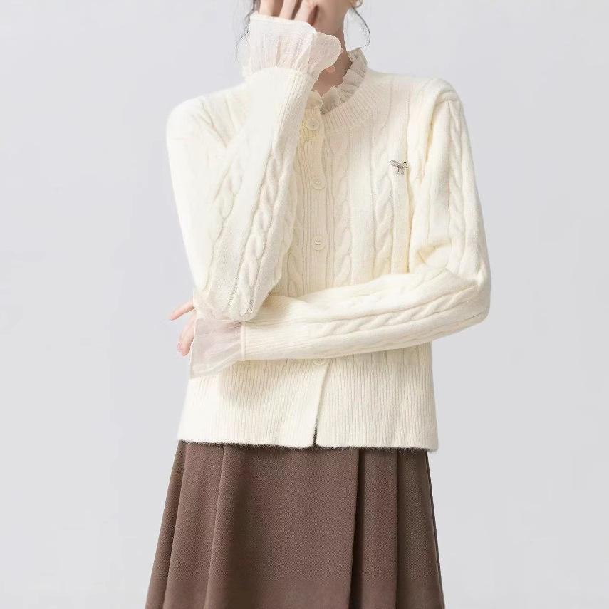 Gentle wind simple lace neck twist sweater women's classic college style versatile bow crew neck knitted sweater