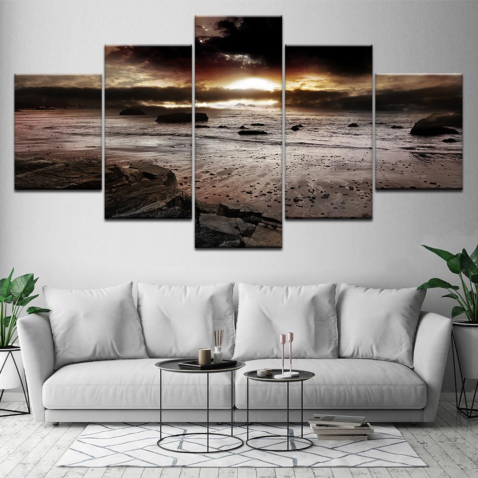 Dunkle Sonnenuntergangslandschaft 5-teilige Leinwand-Wandbilder modernes Poster Modulare Kunstmalerei für Wohnzimmer Heimdekoration