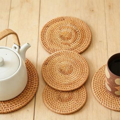 Hand Woven Hot Insulation Placemats Table Padding Kitchen Decoration Accessories Cup Mat Round Natural Rattan Hot Pad