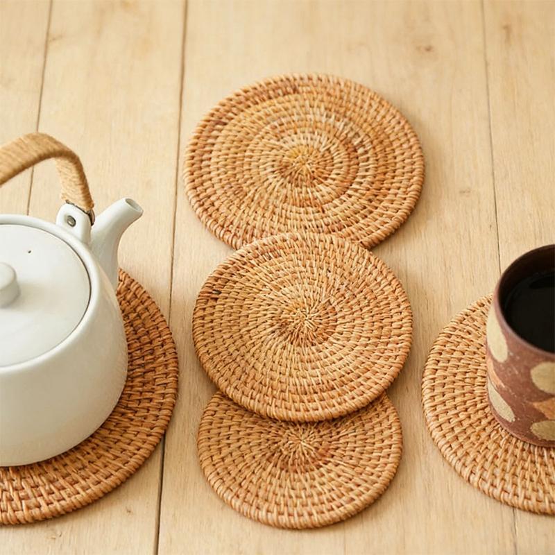 Hand Woven Hot Insulation Placemats Table Padding Kitchen Decoration Accessories Cup Mat Round Natural Rattan Hot Pad