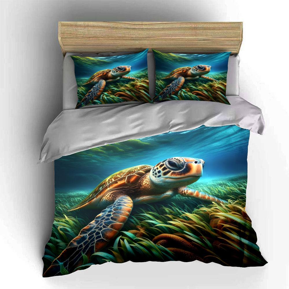 Zeeschildpad onderwater scéne. Beddengoed Set 1 Dekbedovertrek 2 Kussenslopen voor Volwassenen en Kinderen Luxe Cadeau Full Size