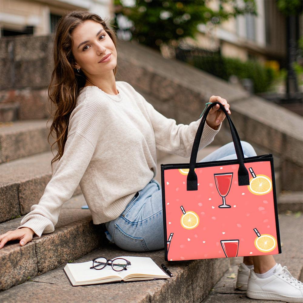 Cute Drink Pattern Canvas Tote Bag Portable Casual Shopping Shoulder Bag for Daily Use