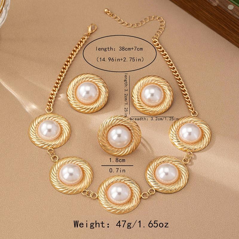

Hot Sale French Retro Court Laminated Imitation Pearl Stud Earrings Necklace Ring Four-piece Femininity Elegant and Suitable