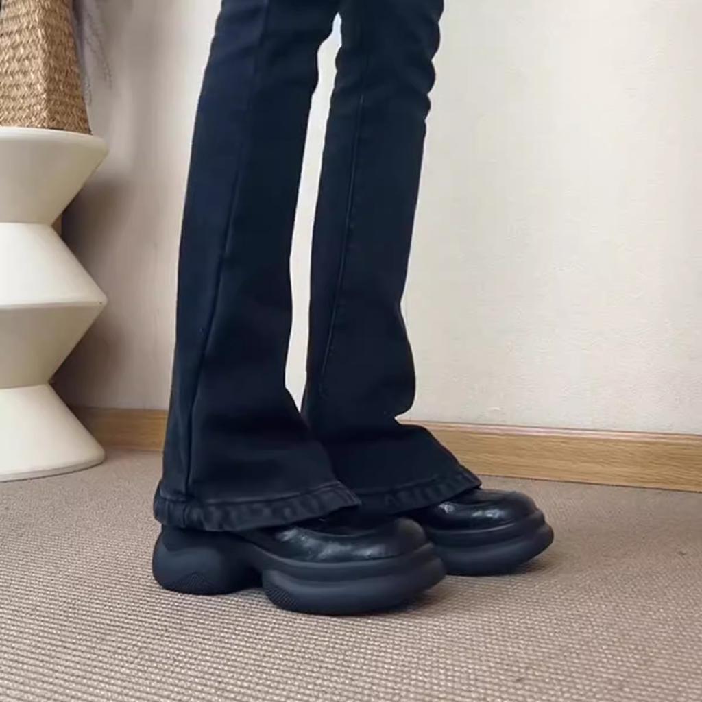 Keep version~ Thick-soled muffin bottom Deep mouth loafers Women's one-pedal round head retro small leather shoes Versatile single shoes