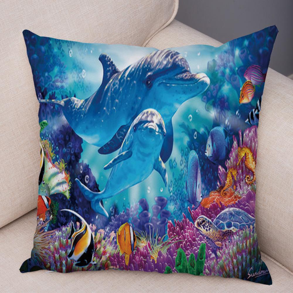 Marine Turtle Dolphins Shark Cushion Cover Short Plush Decor Colorful Ocean Animal Pillowcase Pillow Case for Sofa Home Car