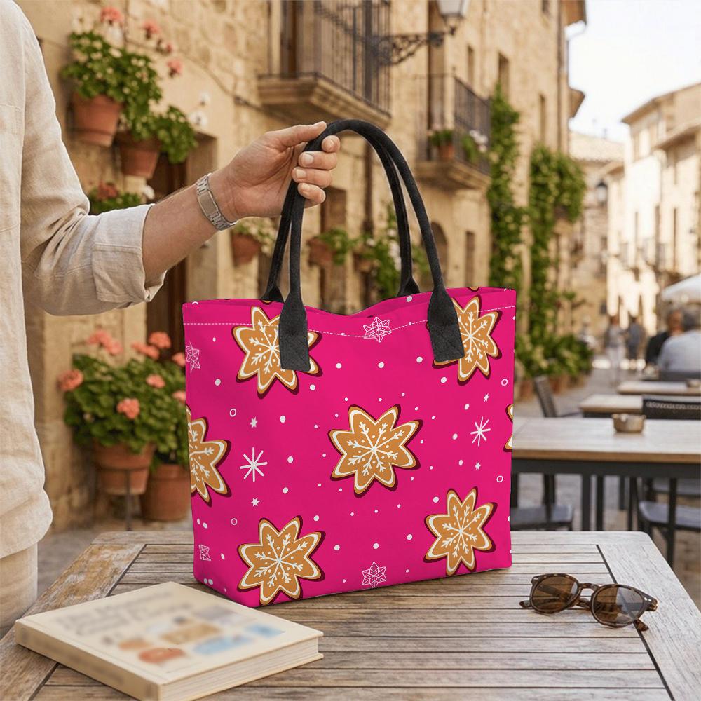 Rose Tote Bag Women Canvas Shopping Handbag with Gingerbread Snowflake Cookie Print Black Handles