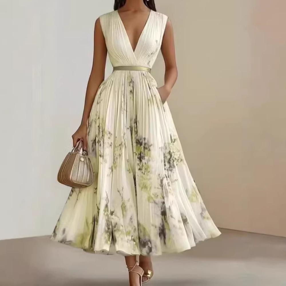 European and American Autumn and Winter Women's Clothing Printed V-neck Sleeveless Fashion Pleated Dress Long Dress Women