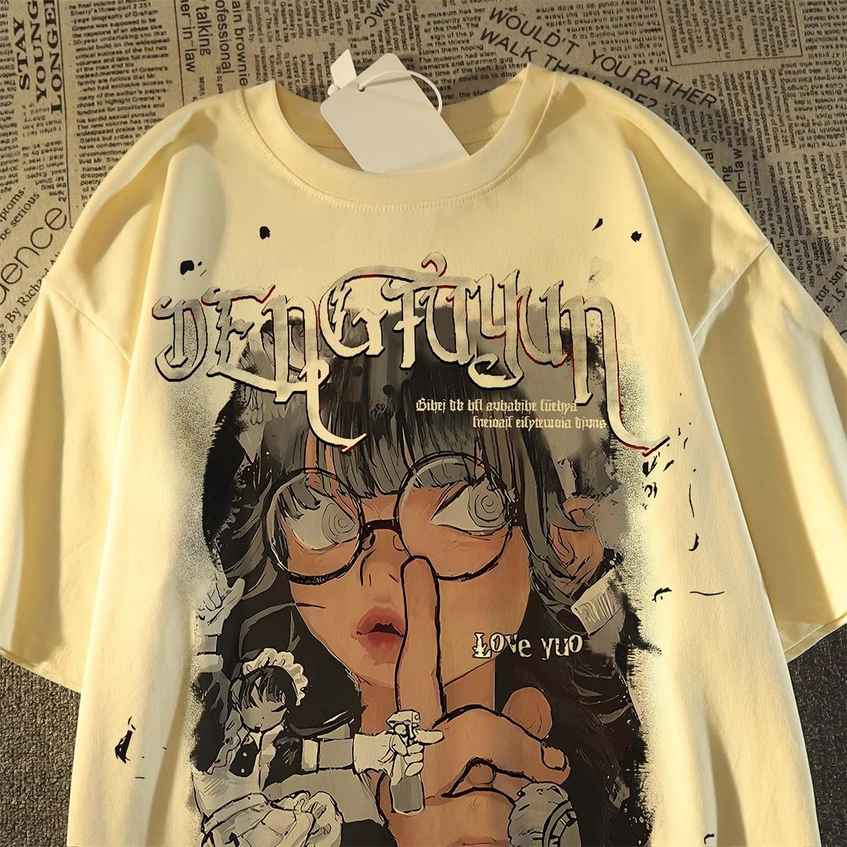 

Pure cotton European and American street cartoon printed characters short-sleeved t-shirt men s and women s summer trendy brand loose versatile top M абрикосовый
