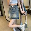 Klasik Çok Yönlü Genç Yarı Etek İnce Yüksek Belli Ham Kenar Tasarım Anlayışı Kalça Saran A-kesim Retro Bayan Yaz Modası Denim Mini Etek