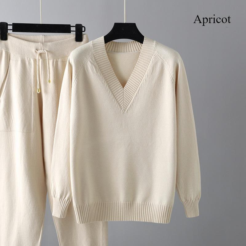 Autumn and Winter New Sweater Harlan Pant Suit Casual Jumper Women's Thick Warm Fashion Solid Color Knitwear