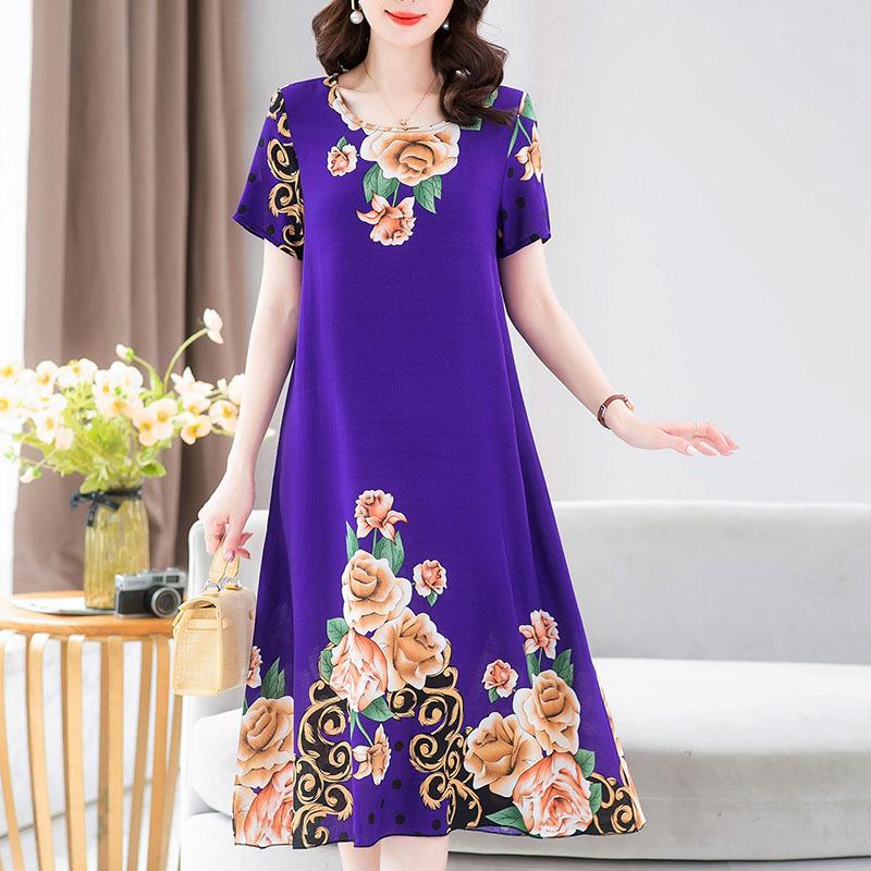 Dle Aged Mother Wearing Cotton Silk Dress Summer Dress for Long Vintage Loose Women Elegant Short Sleeve Casual O-neck Dresses Print Woman Clothing
