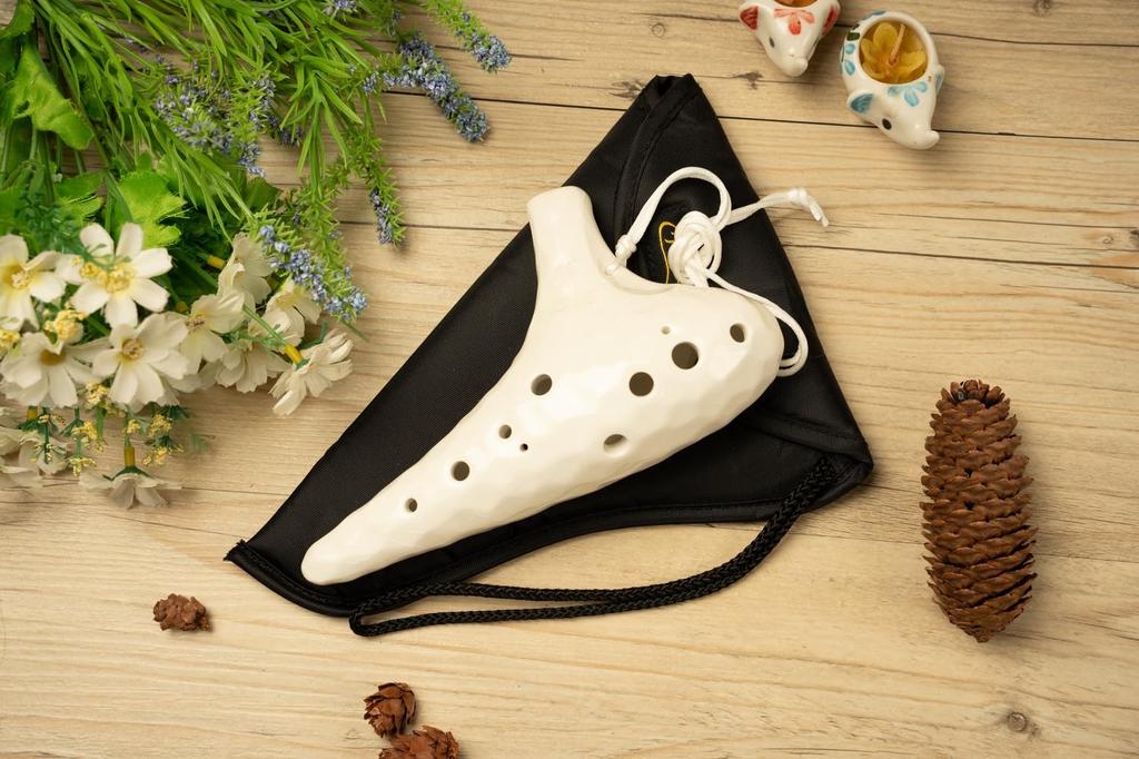 TNG Ocarina [AltoCAC  12-Hole  Emerald] High-Quality Ocarina for Tube Play (Includes Strap) Glazed Finish with Ocean Wave Pattern (White)