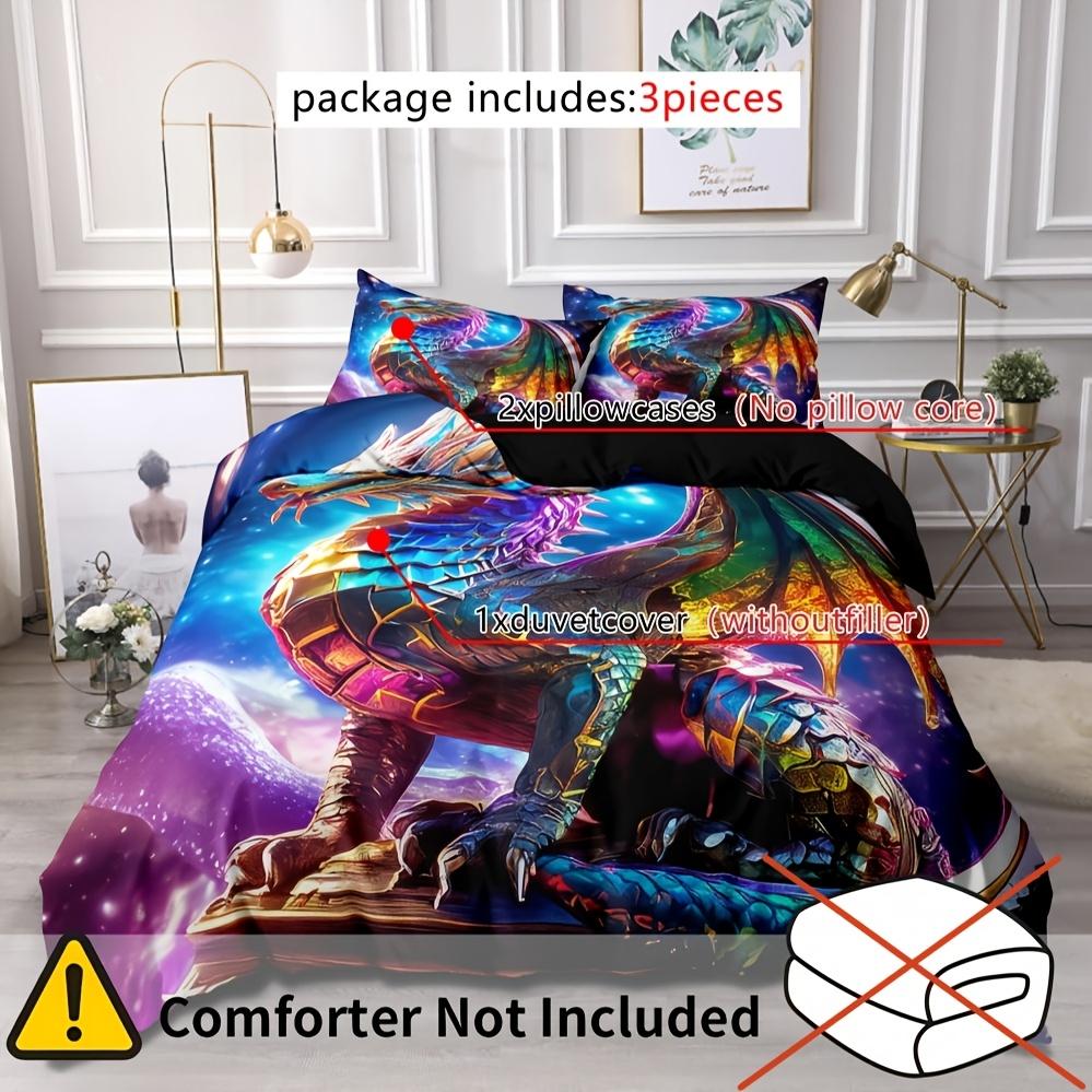 3pcs Animal Print Bedding Set Ancient Castle Guardian Dragon Colorful Fire Dragon Duvet Cover Set, Breathable 100% Polyester