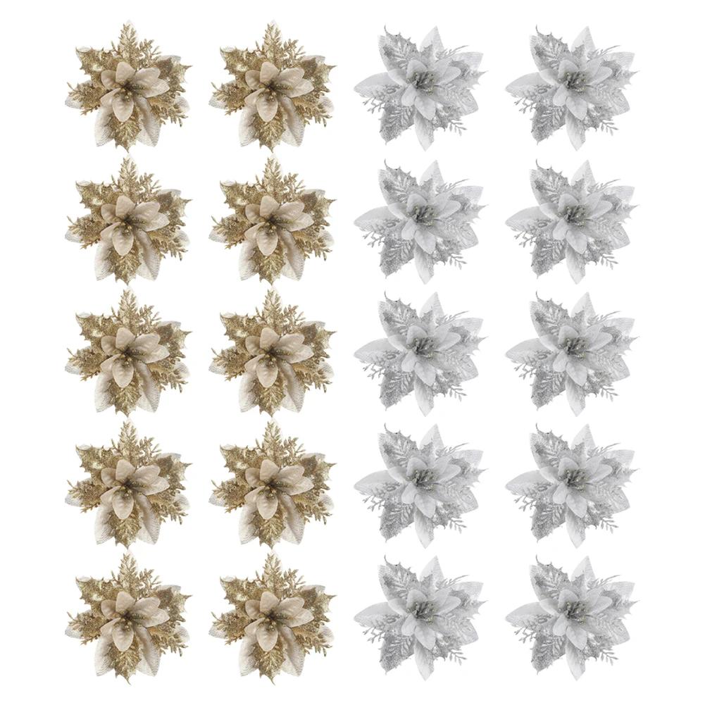 10/20Pcs Bling Flower Heads Glitter Powder Flowers Decors Xmas Tree Decoration Sparkling Christmas Flowers New Year Supplies
