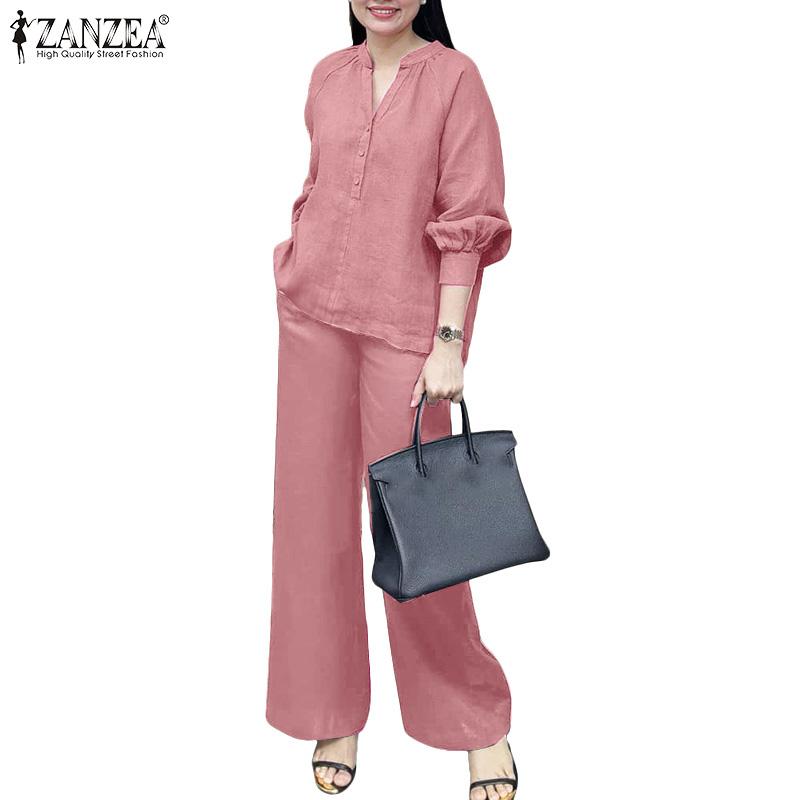 

ZANZEA Женская блузка с длинным рукавом и брюки повседневный комплект из двух частей M тёмно-синий