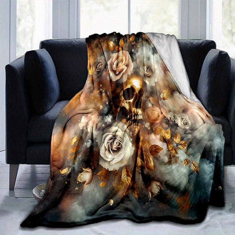 1pc Golden Skull amidst Roses Blanket,Living Room, Travel, Camping, Car Blankets
