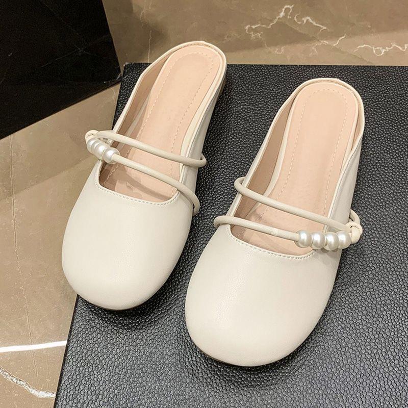 Baotou half slippers spring and summer outer wear year pearl bow soft bottom fairy wind sandals